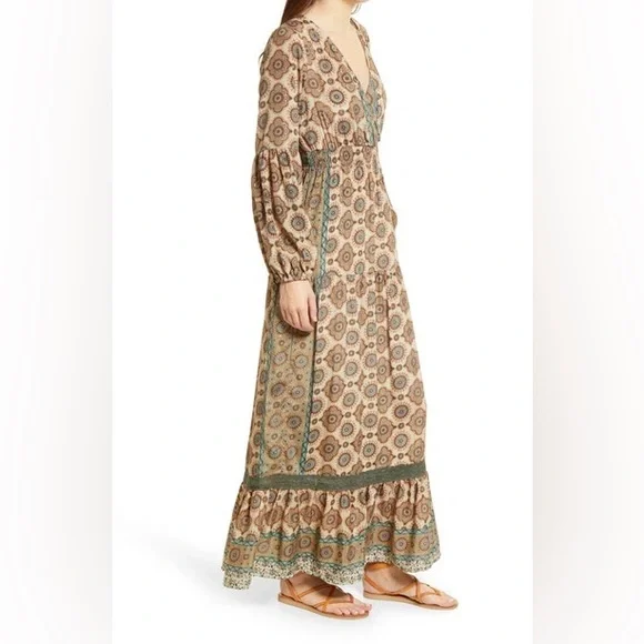 Raga NWT Kasi Long Sleeve Ruffle Maxi Dress Size S Mandala Lace Smocked Boho - Picture 3 of 6